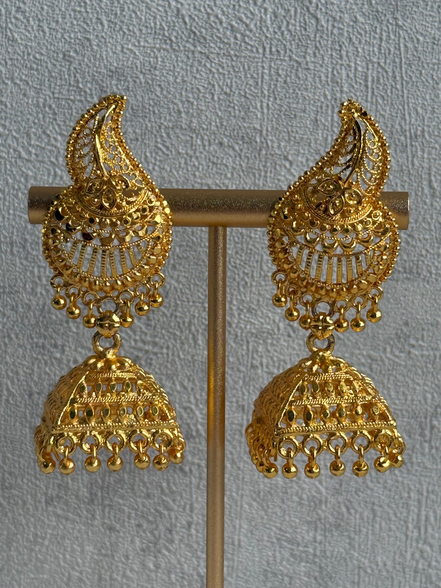 Ayura Designs Sonal Jhumkis – Antique Gold Filigree Earrings with Dome Detailing & Mini Ghungroos