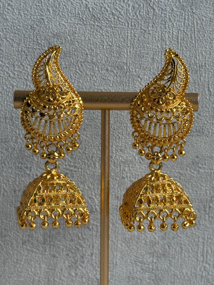 Ayura Designs Sonal Jhumkis – Antique Gold Filigree Earrings with Dome Detailing & Mini Ghungroos