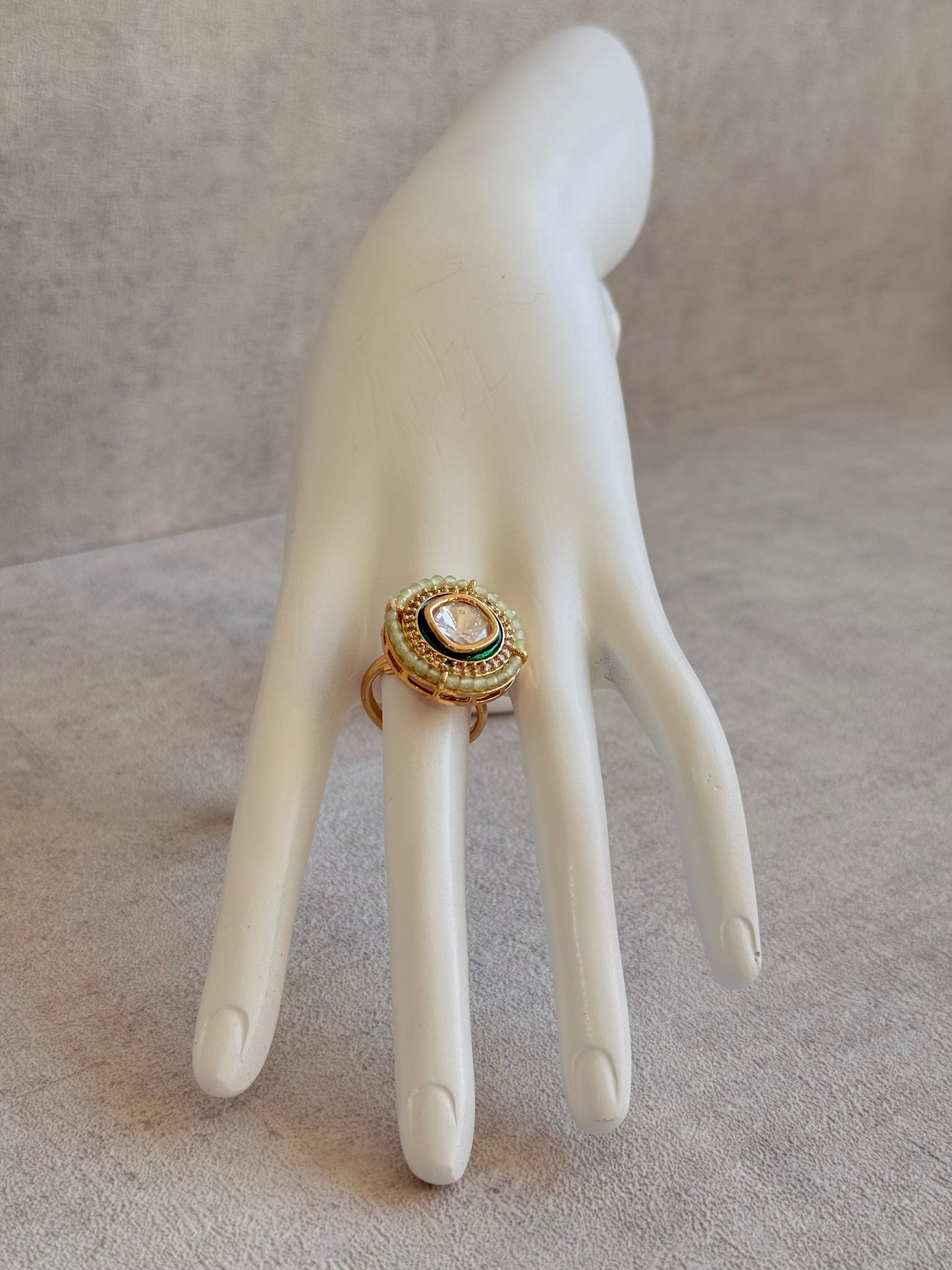 Ayura Designs Roselle Adjustable Ring – Moissanite Centre with Crystal Border & Mint Green Beads