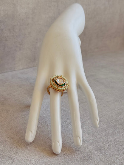 Ayura Designs Roselle Adjustable Ring – Moissanite Centre with Crystal Border & Mint Green Beads