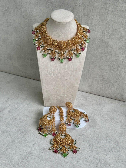 Ayura Designs Rummy Set – Opulent Gold Adornment with Radiant Pink, Green & White Beads | Includes Earrings & Tikka