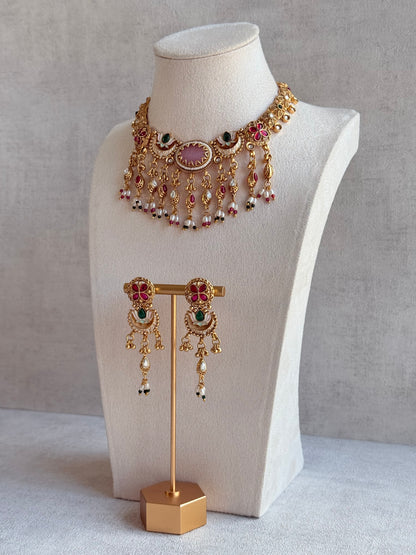 Ayura Designs Aavya Necklace Set – Blush Pink & Emerald Green Kundan Meenakari Design