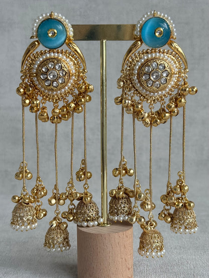 Ayura Designs Shagan Earrings – Aqua Blue Statement Earrings with Multi Jhumki Drops, Pearl Detailing & Ghungroo Accents