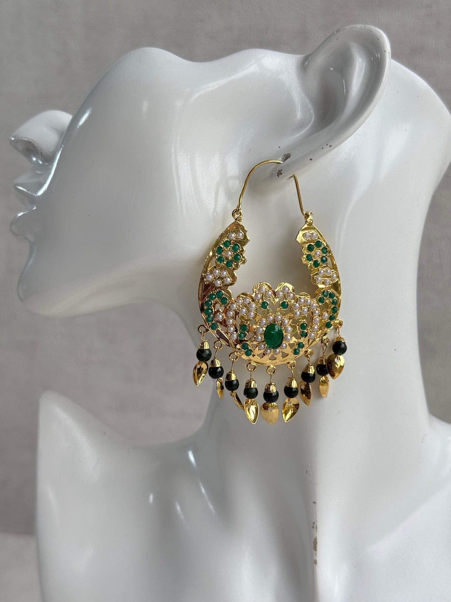 Ayura Designs Nimrat Balis – Emerald Green & Ivory Pearls with Pippal Patti & Gold Finish