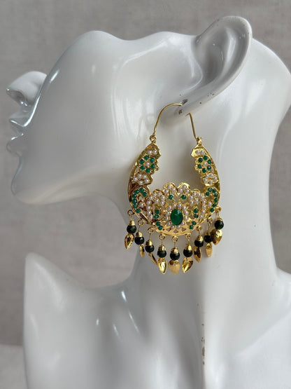 Ayura Designs Nimrat Balis – Emerald Green & Ivory Pearls with Pippal Patti & Gold Finish