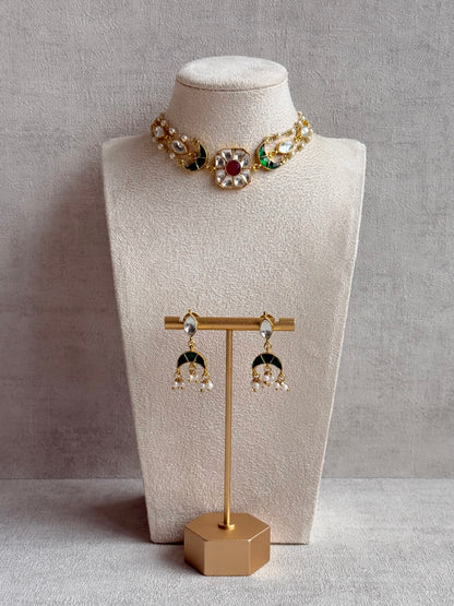 Ayura Designs Mahi Choker Set with Earrings – Meenakari Kundan Green & Pink Detailing