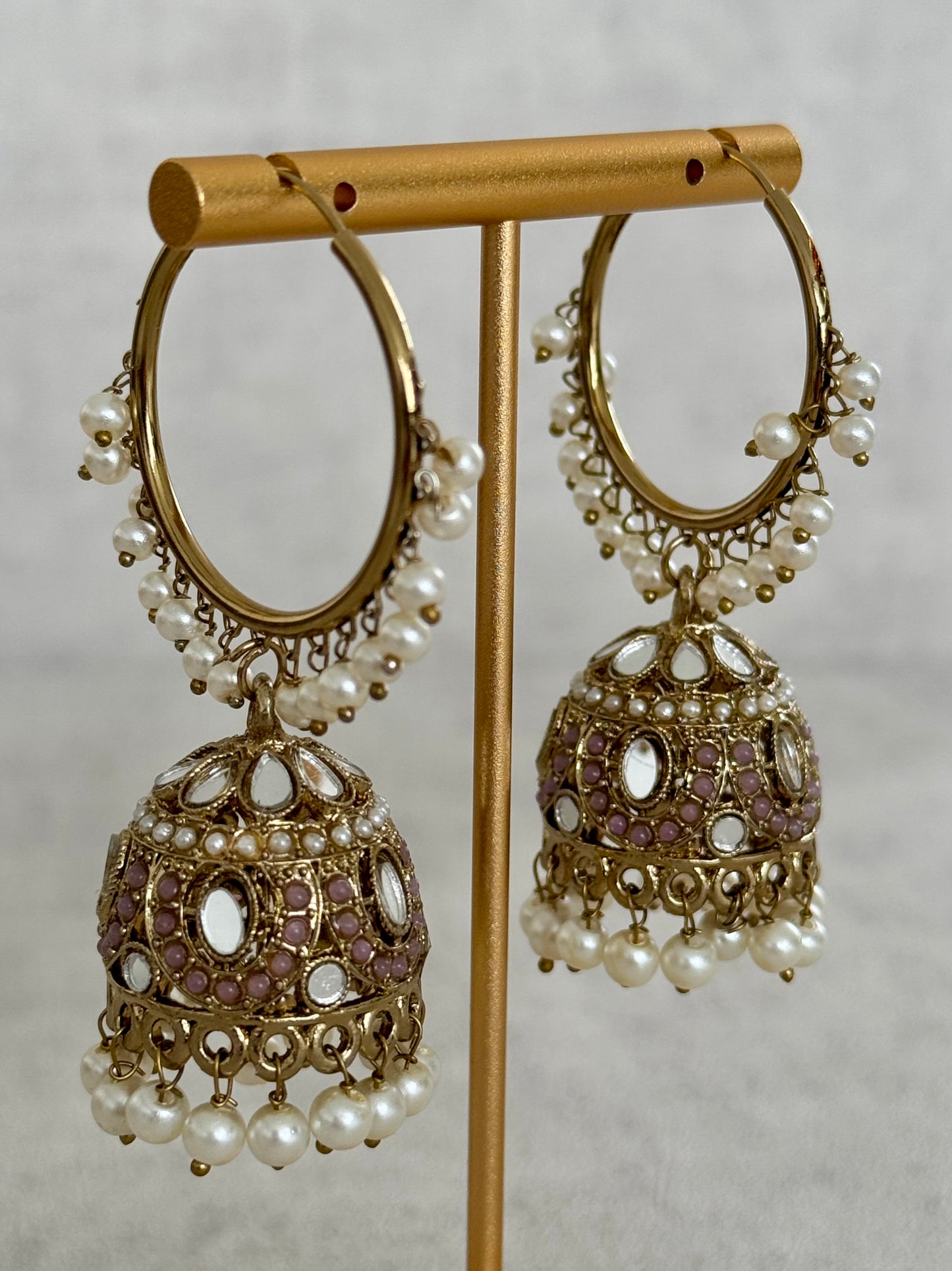 Ayura Designs Jugni Bali Jhumkas – Antique Gold with Mauve & Pearl Accents