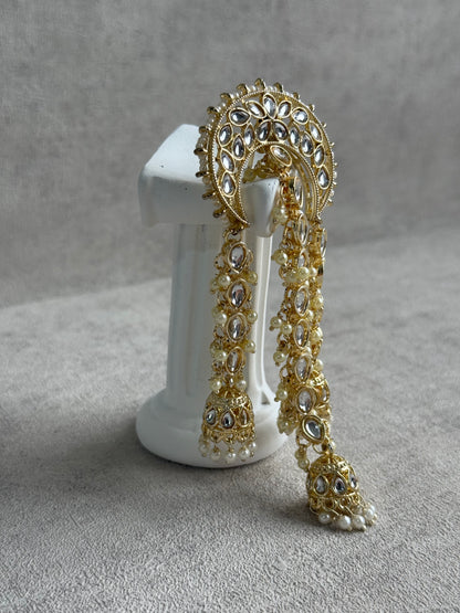 Ayura Designs Enjal Hair Brooch – Crescent Polki Design with Jhumki Tassels & Pearl Detailing