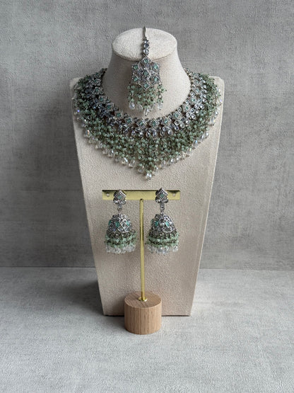 Ayura Designs Rayna Set – Necklace, Jhumkis & Tikka with Mint Green Beads, Mirror-Cut Stones & Silver Finish