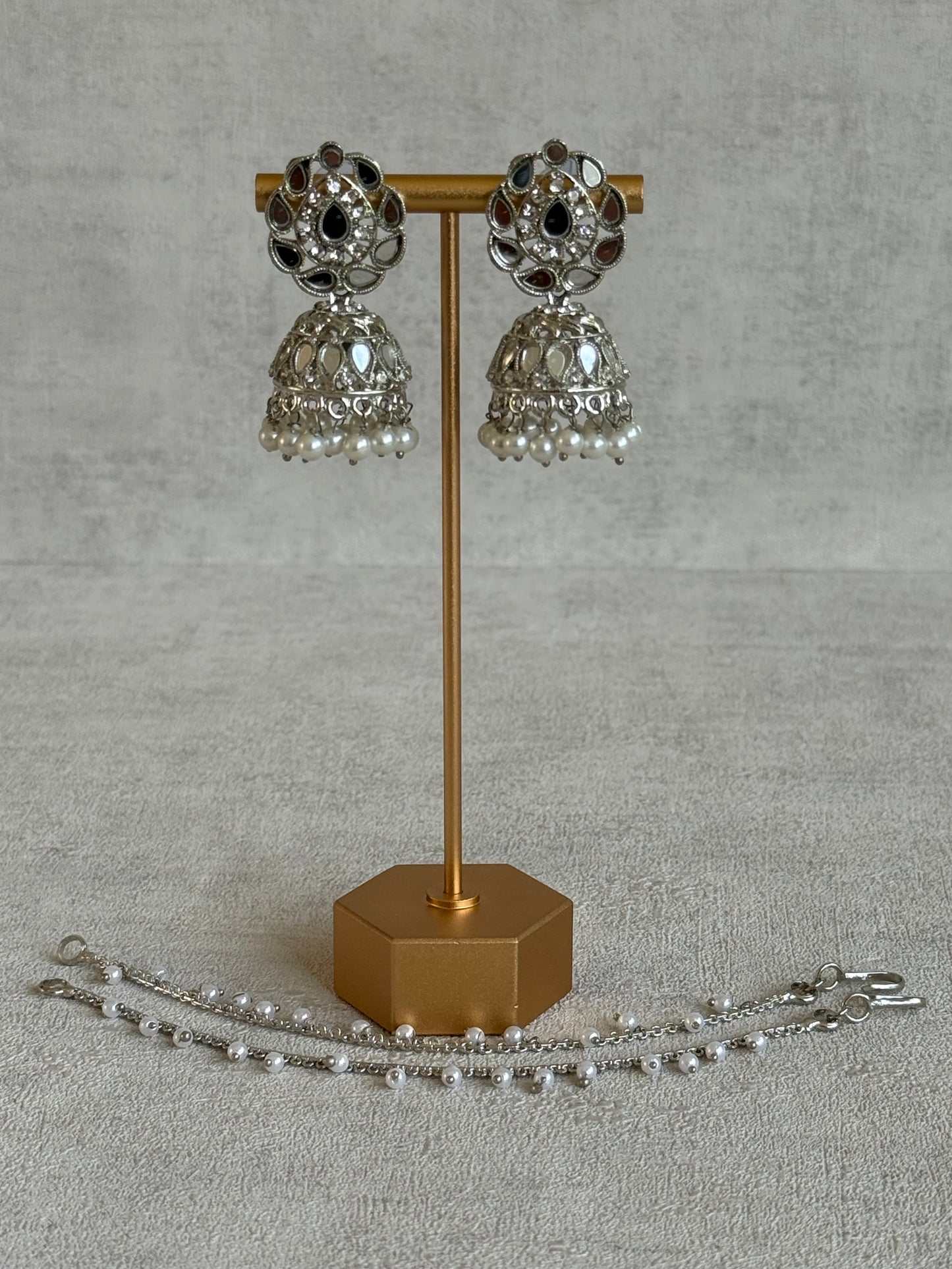 Ayura Designs Mira Jhumkis – Silver Mirror-Cut Earrings with Detachable Single-Layer Pearl Sahare