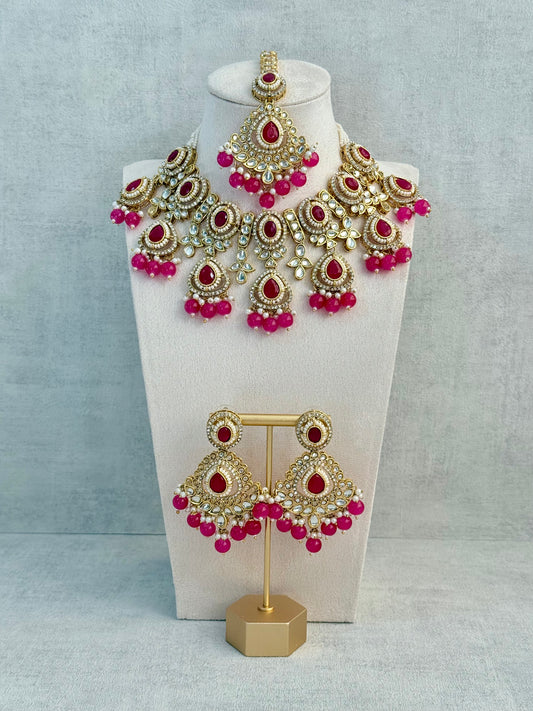 Ayura Designs Janvi Set with Necklace, Earrings & Tikka – Kundan Detailing, Hot Pink Beads & Ivory Pearl Drops