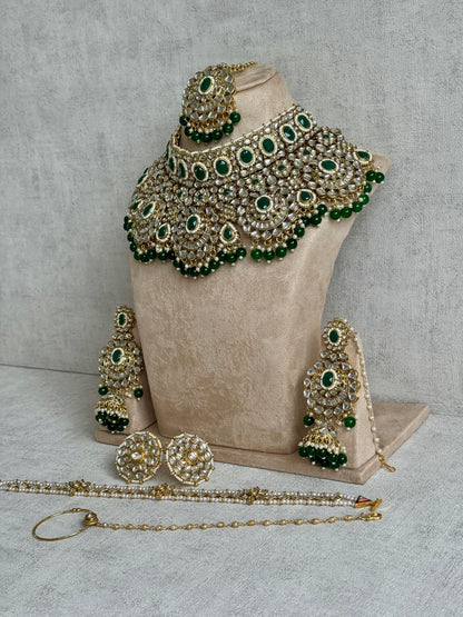 Ayura Designs Meherbano Bridal Set with Necklace, Jhumkis, Tikka, Nath, Ring & Sheeshphool – Jadau Kundan Craftsmanship with Mirror-Cut Polki, Emerald Green Stones & Antique Gold Finish