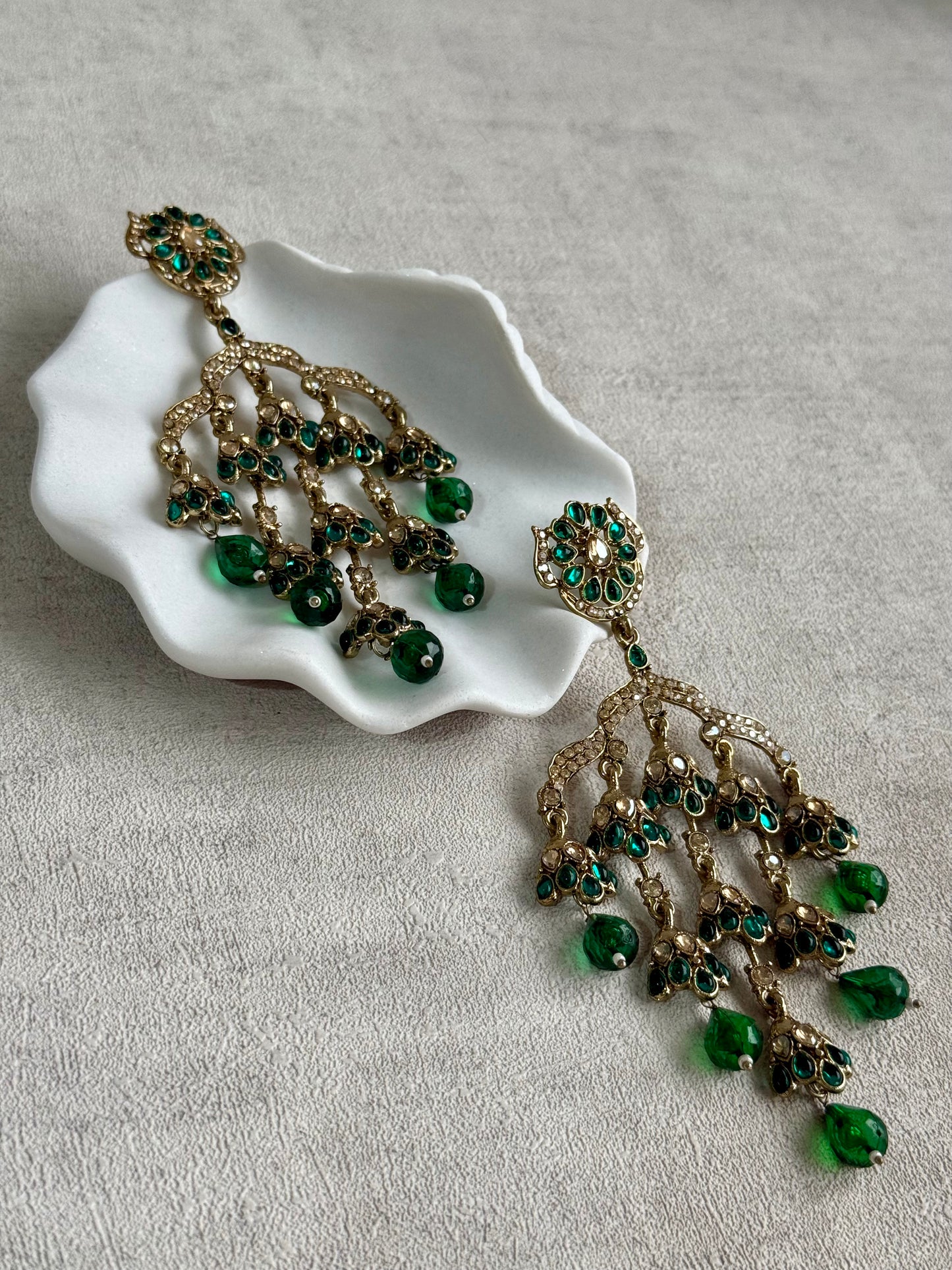 Ayura Designs Jasmine Earrings – Chandelier Earrings with Emerald Green Beads & Antique Gold Detailing