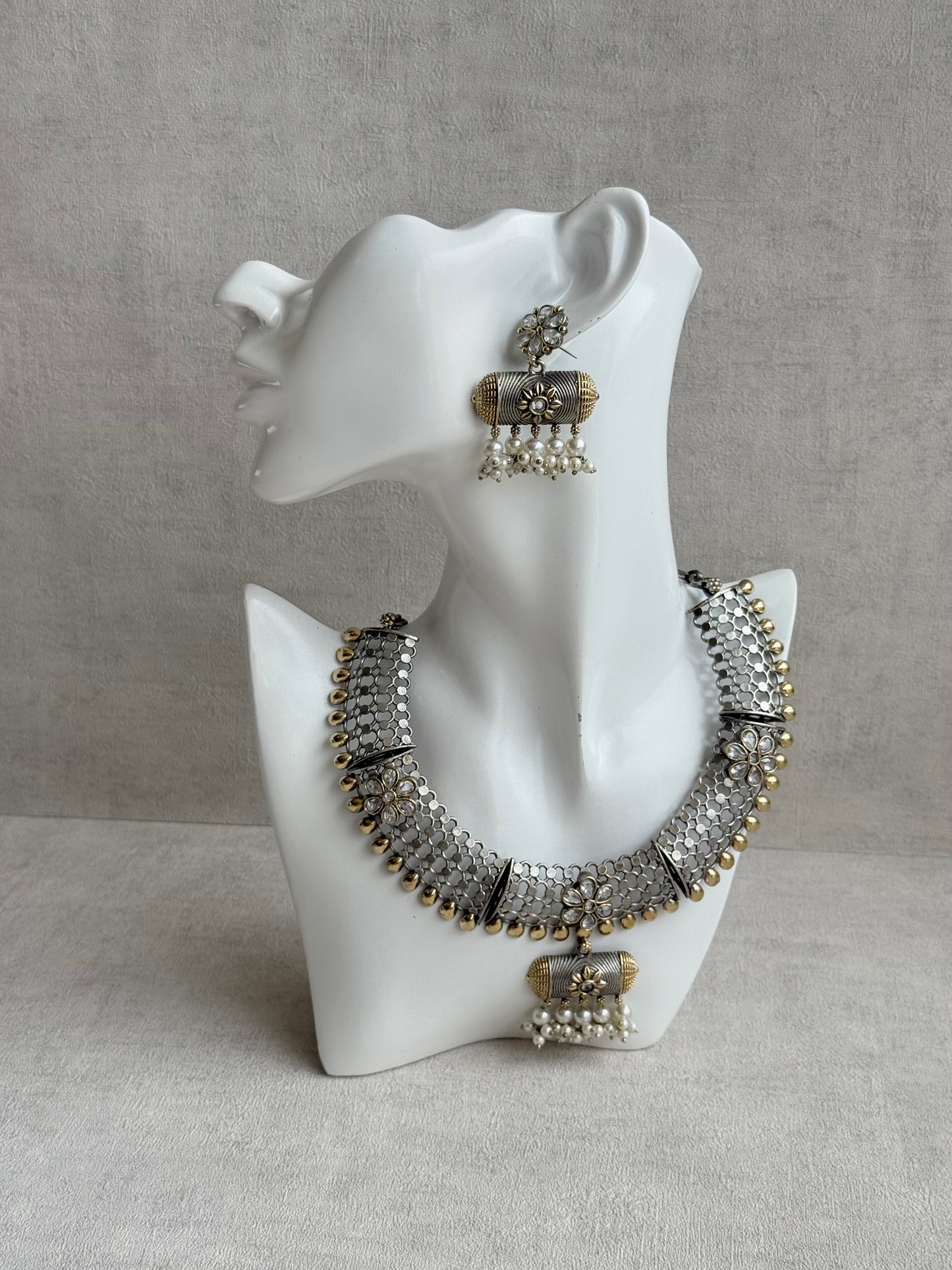 Ayura Designs Taal Necklace Set with Earrings & Tikka – Dual Tone Oxidised Mesh Necklace with Barrel Motifs & Pearl Detailing