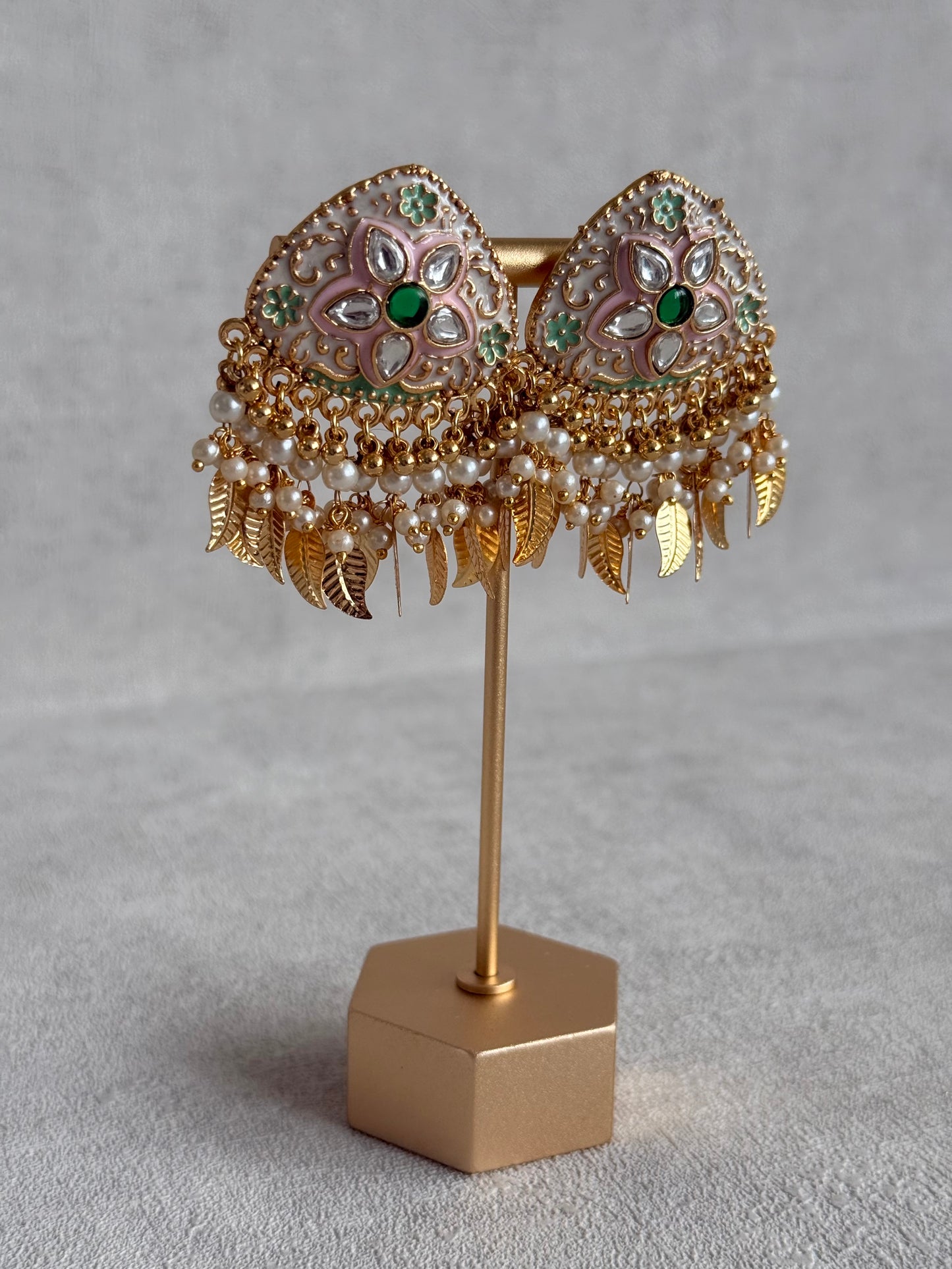 Ayura Designs Rozina Earrings – Floral Meenakari Earrings with Emerald Green Centre Stone, Pearl Clusters & Gold Leaf Charms
