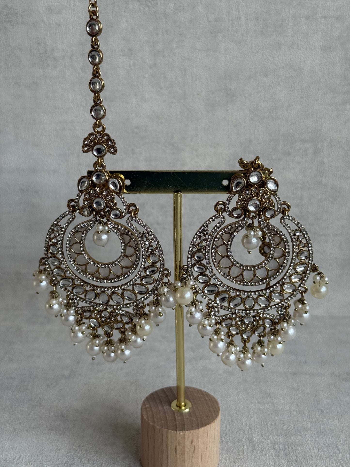 Ayura Designs Rabia Chandbalis – Antique Gold Kundan Earrings with Ivory Pearls & Attached Sahare