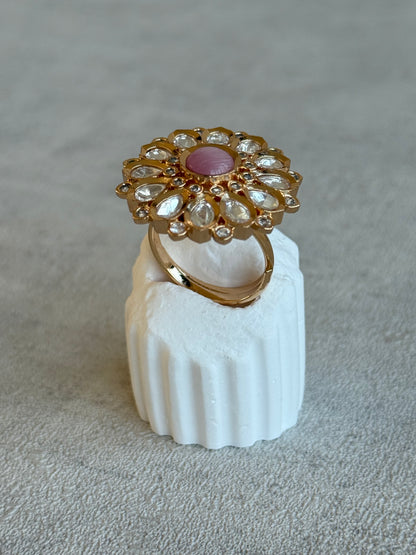 Ayura Designs Luisa Adjustable Ring – Blush Pink Centre Stone with Crystal Petal Detailing