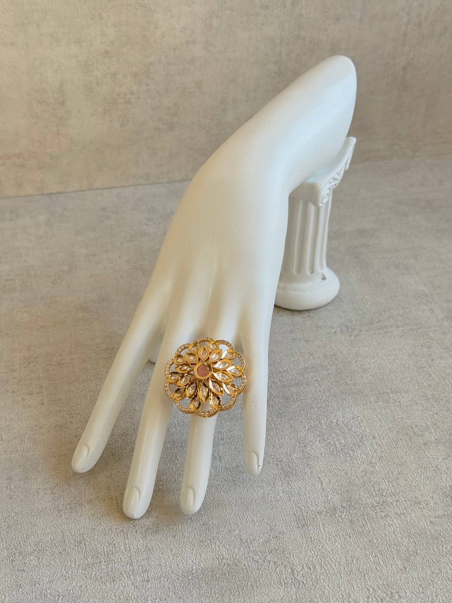 Ayura Designs Elisa Adjustable Ring – Moissanite Floral Ring with Blush Pink Centre & Crystal Border