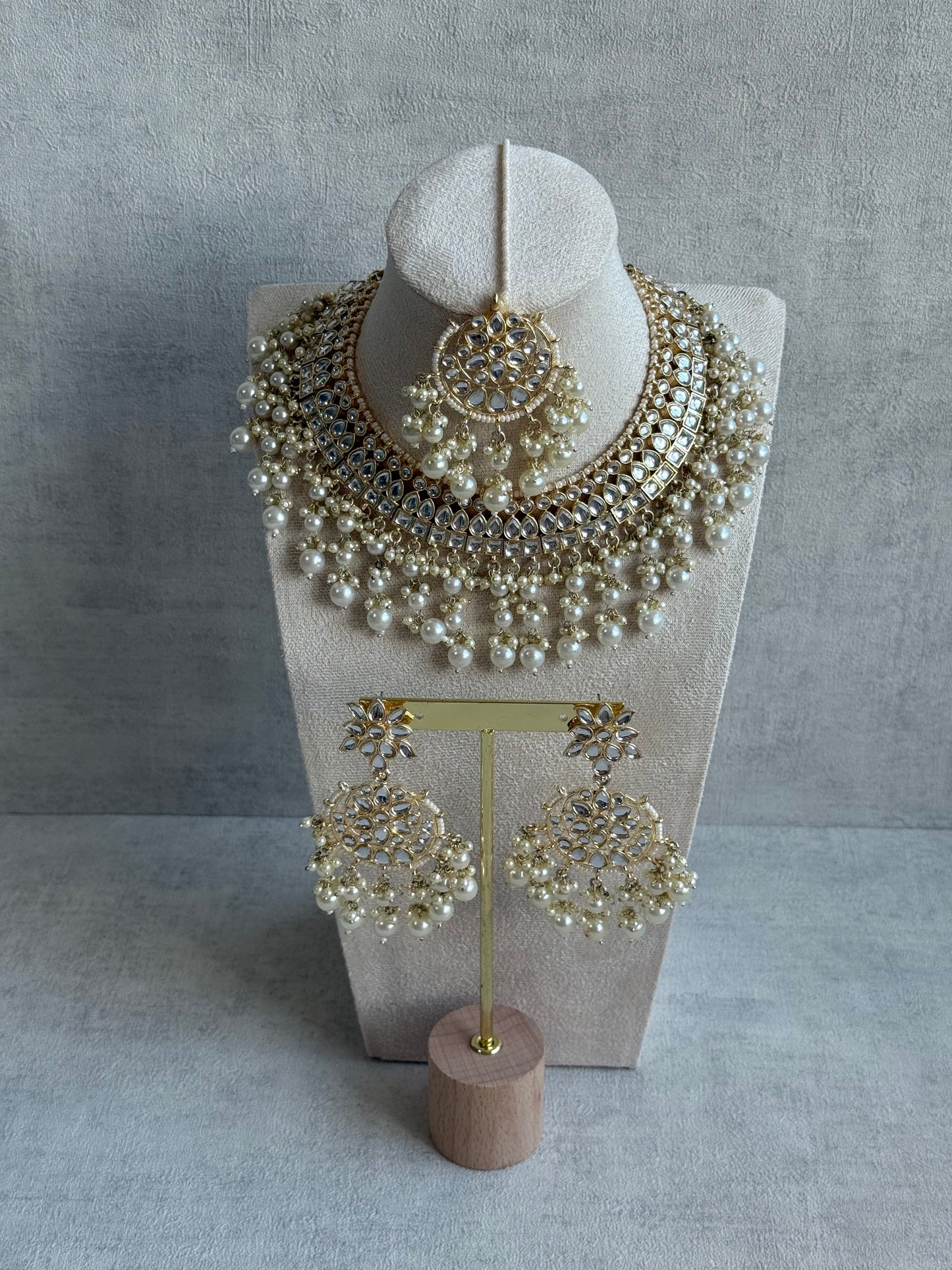Ayura Designs Fakhra Set with Necklace, Earrings & Tikka – Mirror-Cut Stones, Pearl Detailing & Gold Finish