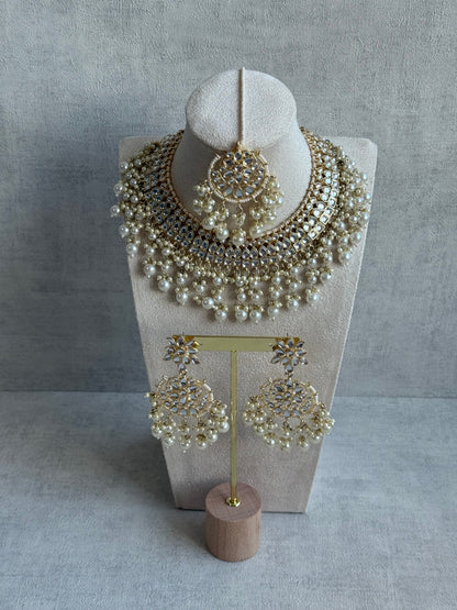 Ayura Designs Fakhra Set with Necklace, Earrings & Tikka – Mirror-Cut Stones, Pearl Detailing & Gold Finish