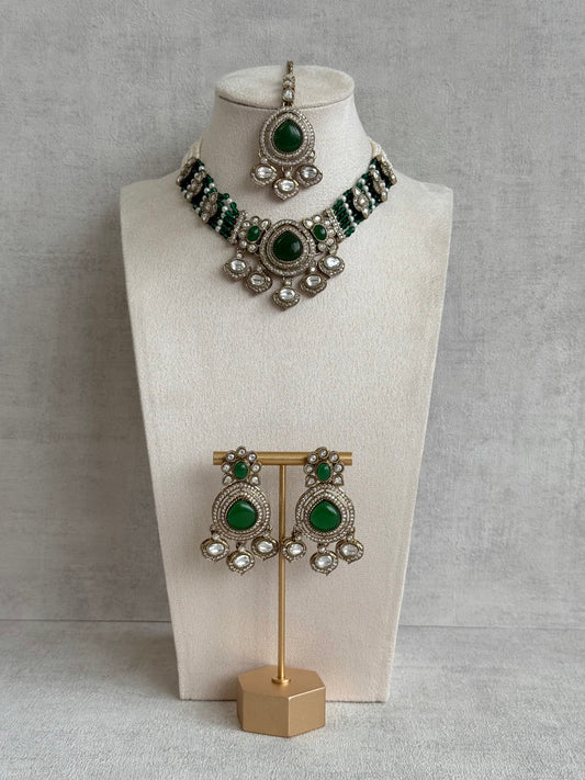 Ayura Designs Rahi Necklace Set with Earrings & Tikka – Emerald Green Stones with Mirror-Cut Detailing & Pearl Strands