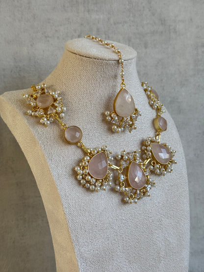 Ayura Designs Rosa Set with Tikka & Earrings – Rose Quartz, Crystals & Pearls