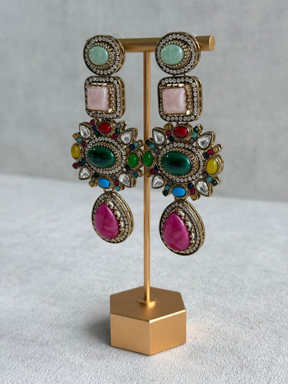 Ayura Designs Jeenat Earrings – Multicolour Stones, Crystal Detailing & Rani Pink Teardrops