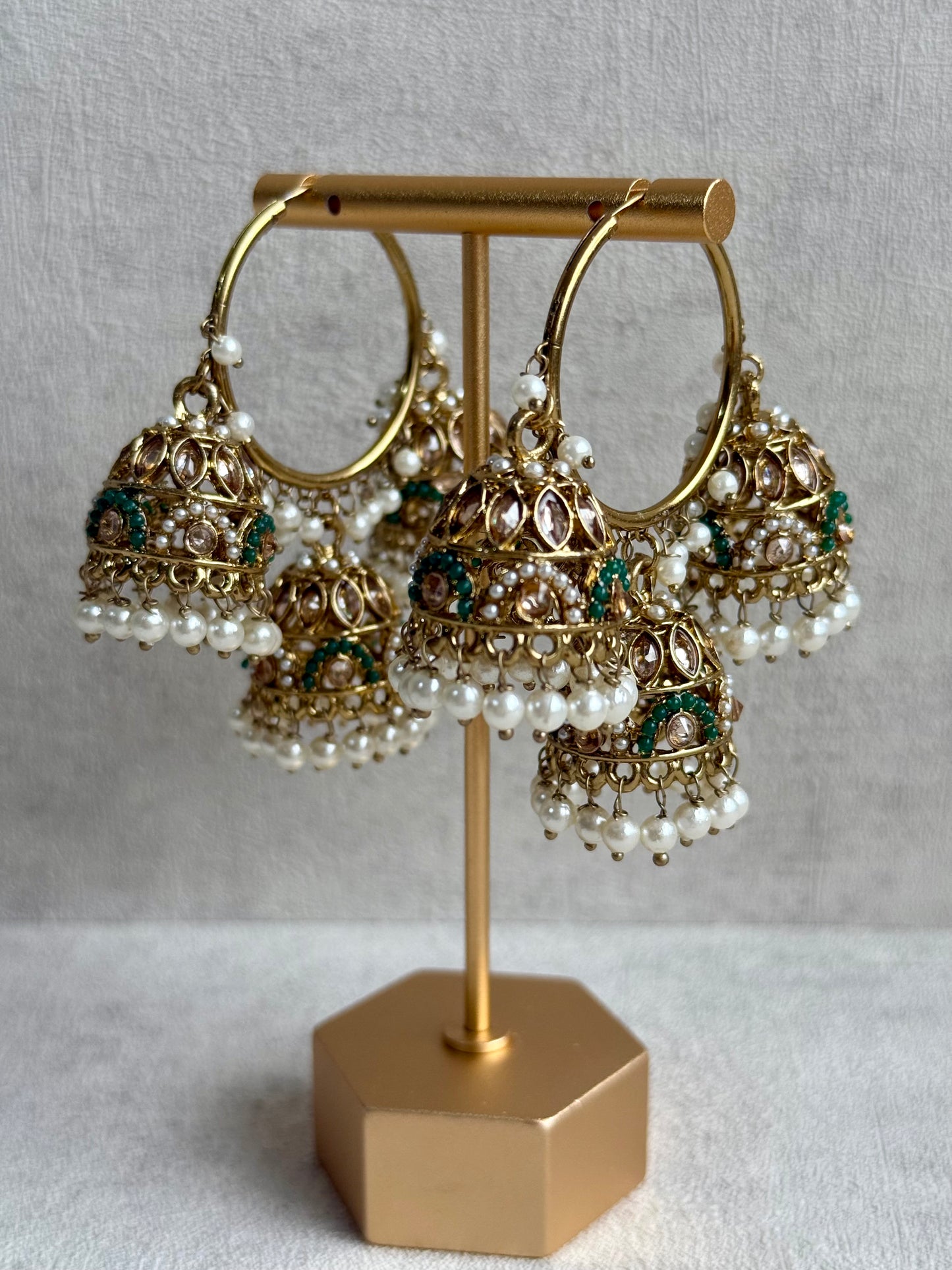Ayura Designs Nakhra Balis – Emerald Triple Dome Earrings with Mirror-Cut Stones & Pearl Detailing