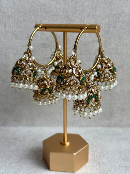 Ayura Designs Nakhra Balis – Emerald Triple Dome Earrings with Mirror-Cut Stones & Pearl Detailing