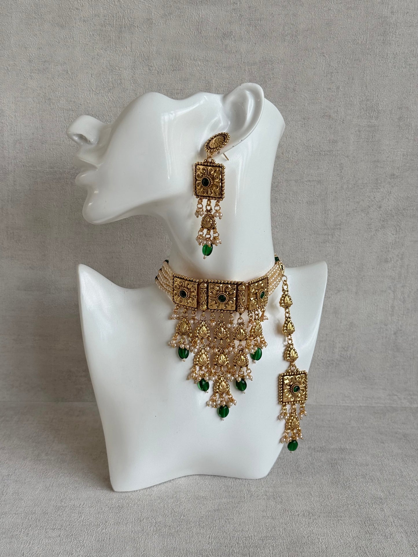 Ayura Designs Nimrah Choker Set with Earrings & Tikka – Emerald Green Gold Tone Waterfall Jewellery Set