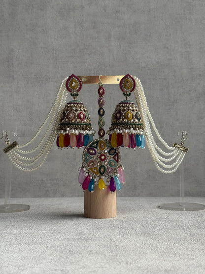 Ayura Designs Amrita Set – Jhumkis with Sahare & Tikka in Multicolour Beads, Pearls and Antique Gold Finish