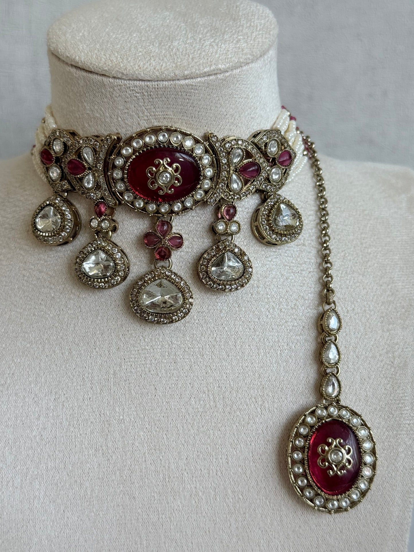 Ayura Designs Myra Choker Set with Earrings & Tikka – Ruby Pink Kundan & Pearl Detailing