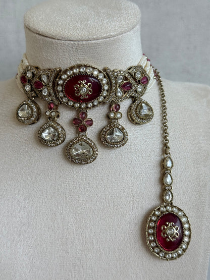 Ayura Designs Myra Choker Set with Earrings & Tikka – Ruby Pink Kundan & Pearl Detailing