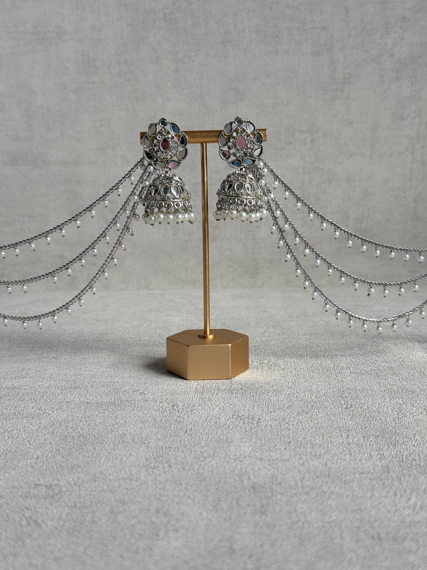 Ayura Designs Aiyana Jhumkis – Silver Mirror-Cut Earrings with Detachable Triple-Layer Pearl Sahare