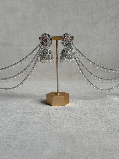 Ayura Designs Aiyana Jhumkis – Silver Mirror-Cut Earrings with Detachable Triple-Layer Pearl Sahare