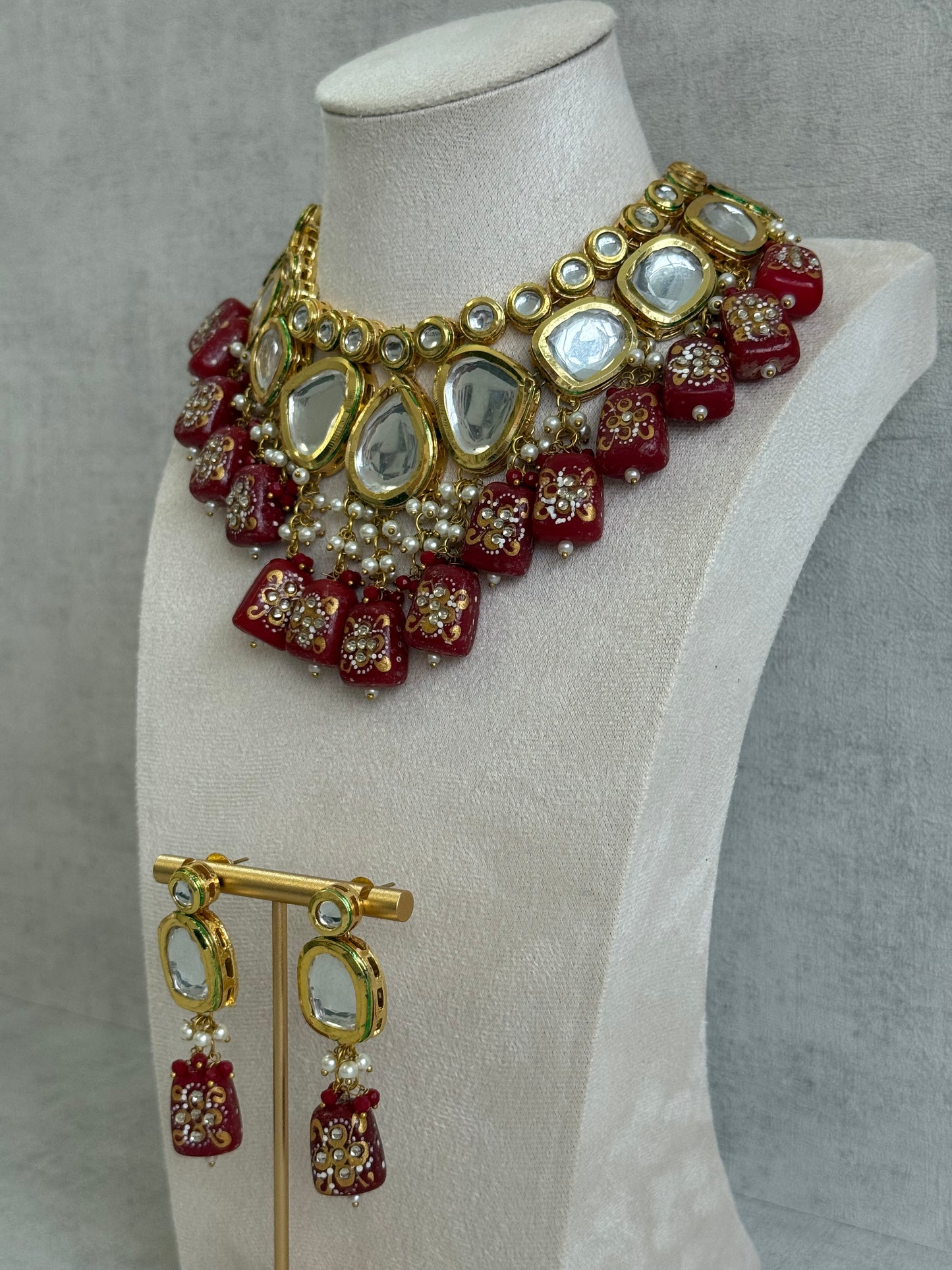 Ayura Designs Omika Set With Necklace And Earrings – Kundan Stones And Ruby Red Meenakari Drops