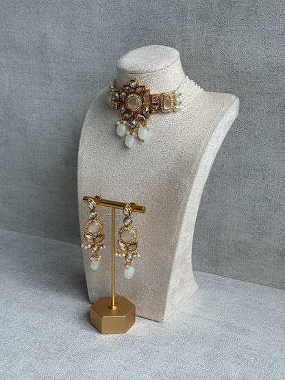 Ayura Designs Raaz Set – Choker & Earrings with Kundan Stones, Green Enamel Detailing & White Beads
