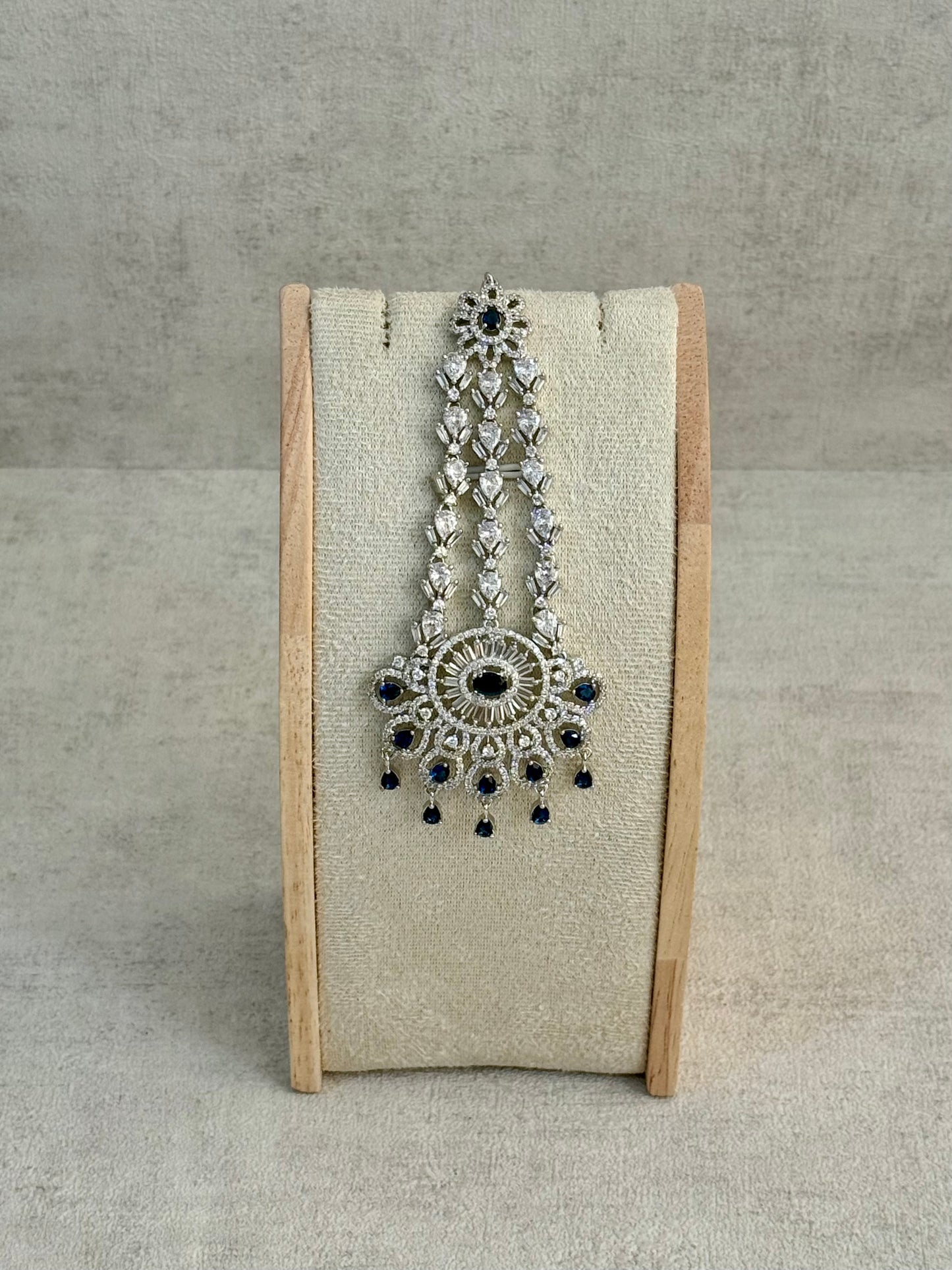 Ayura Designs Anna Jhoomar Passa – Silver Finish with Sapphire Blue Stones & Crystal Detailing
