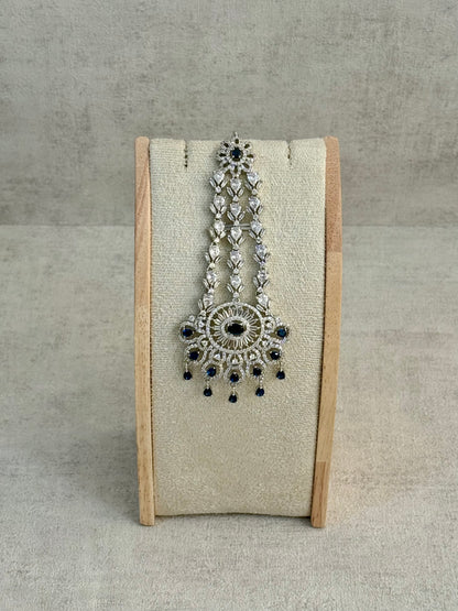 Ayura Designs Anna Jhoomar Passa – Silver Finish with Sapphire Blue Stones & Crystal Detailing