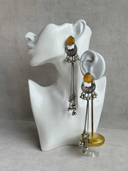 Ayura Designs Zarfa Earrings – Oxidised Earrings with Amber Stones, Hanging Ghungroo Chains & Crescent Detailing