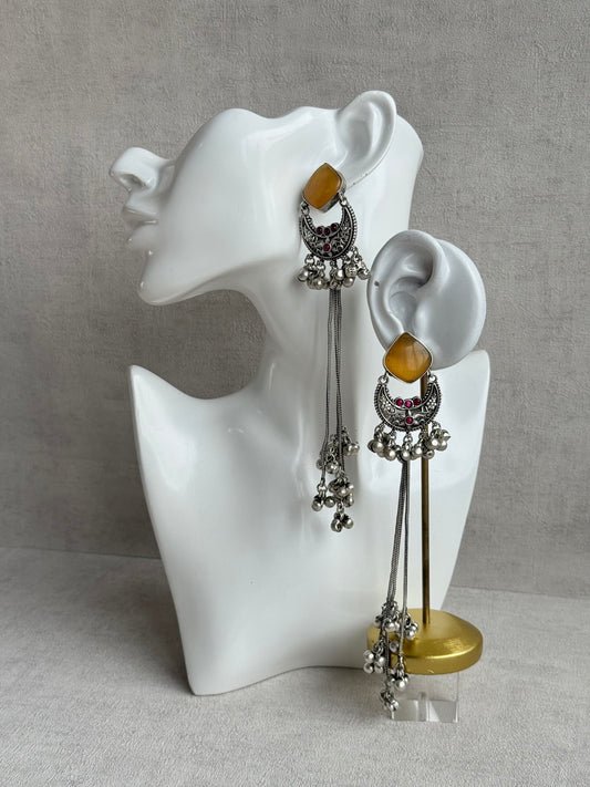 Ayura Designs Zarfa Earrings – Oxidised Earrings with Amber Stones, Hanging Ghungroo Chains & Crescent Detailing