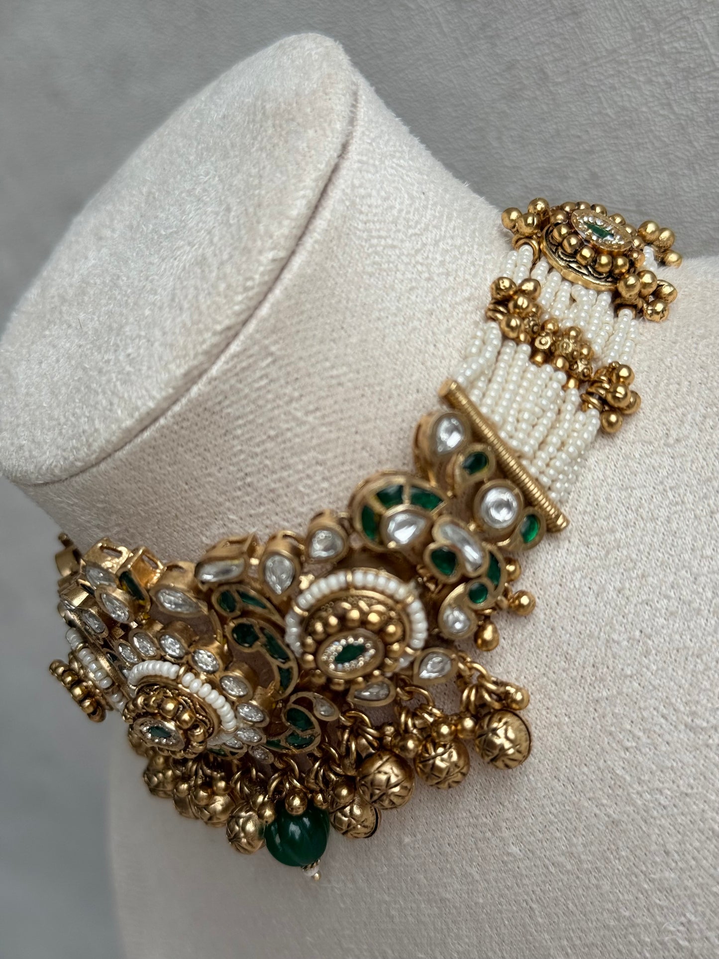 Ayura Designs Sufna Choker Set with Earrings – Emerald Green Stones, Pearl Strands & Kundan Detailing
