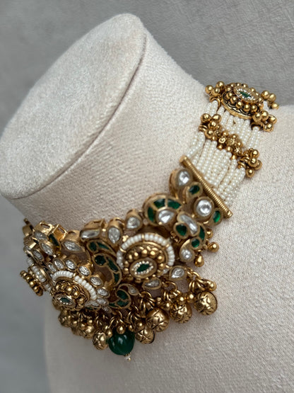 Ayura Designs Sufna Choker Set with Earrings – Emerald Green Stones, Pearl Strands & Kundan Detailing