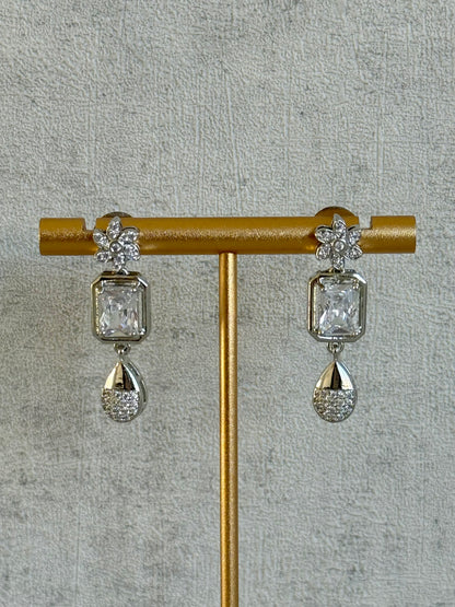 Ayura Designs Estrella Set with Necklace & Earrings – Silver Finish, Moissanite-Inspired Stones and Teardrop Charms