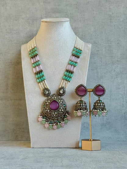Ayura Designs Brielle Set – Necklace & Jhumkis with Mirror-Cut Stones in Berry Pink, Mint Green & Ivory