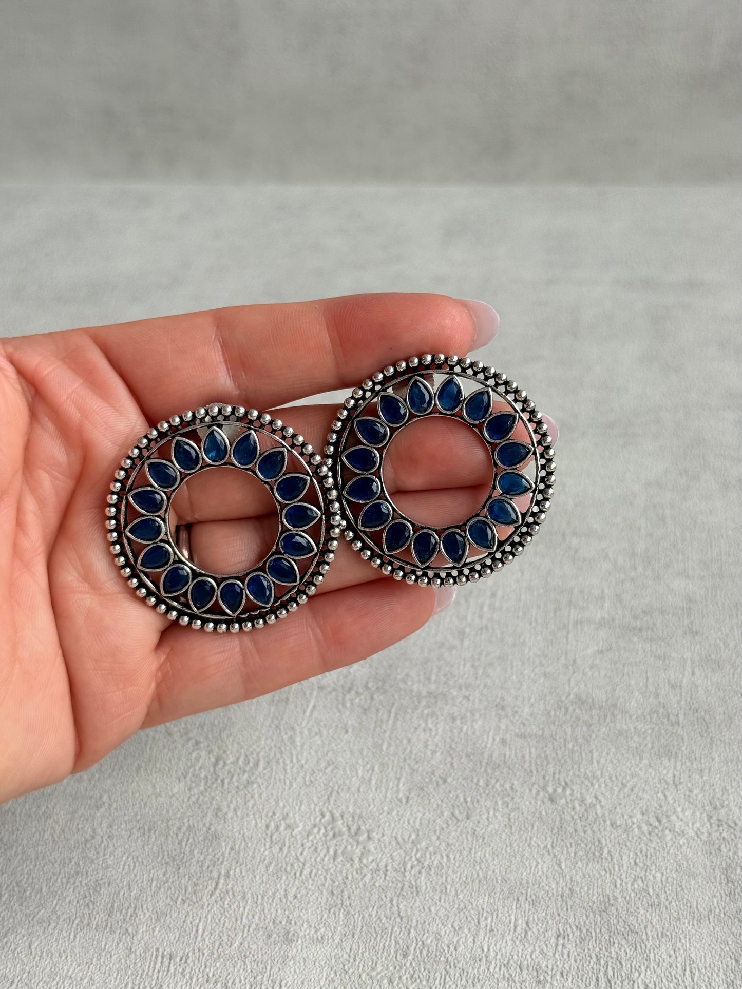 Ayura Designs Kesar Studs – Statement Oxidised Stud Earrings with Ink Blue Stones