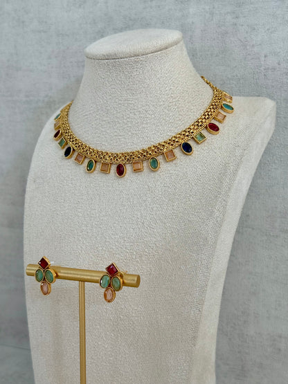 Ayura Designs Bhawani Set with Necklace & Stud Earrings – Multicolour Stone Charms in Antique Gold Finish