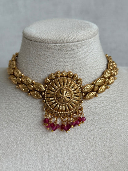 Ayura Designs Rania Choker Set with Studs – Antique Gold Floral Medallion Choker with Ruby Pink Bead Detailing