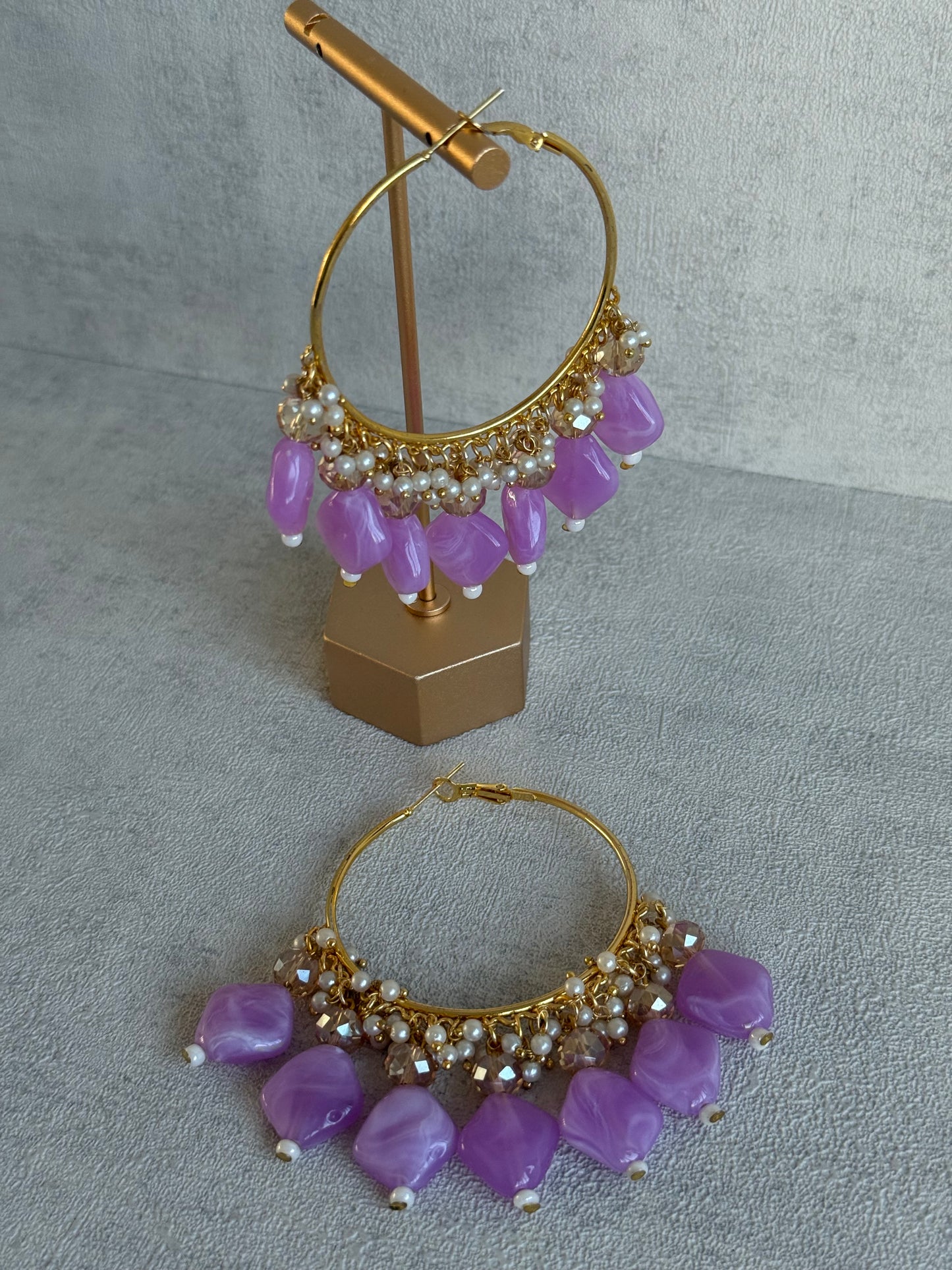Ayura Designs Heer Balis – Gold Hoops with Lilac Marble Beads, Pearls & Crystal Detailing
