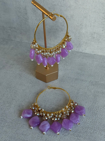 Ayura Designs Heer Balis – Gold Hoops with Lilac Marble Beads, Pearls & Crystal Detailing